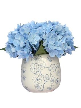 My Texas House Faux Hydrangeas in Floral Vase, Blue and White, 9.5"